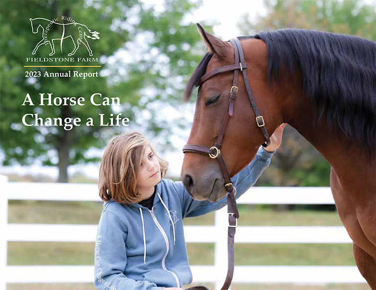 Cover image of Fieldstone Farm 2023 Annual Report showing a photo of a student with a horse